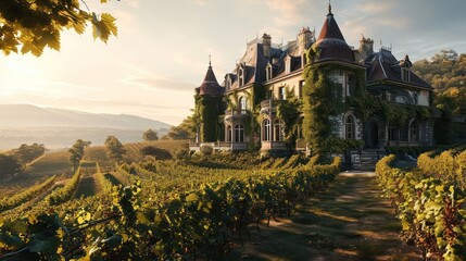 the elegance of a French Chateau nestled in a vineyard, capturing the romance of European-inspired...