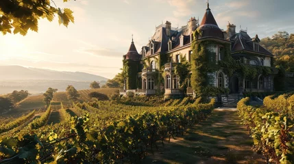 Fotobehang the elegance of a French Chateau nestled in a vineyard, capturing the romance of European-inspired architecture © Tina