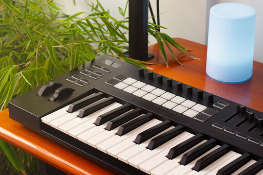 A professional MIDI keyboard controller standing on a rustic wooden desk table in a room with a bamboo plant in the background. Natural daylight, blue lamp