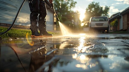 Deep Cleaning. High pressure. Powerful Driveway Cleaning in Action - obrazy, fototapety, plakaty