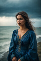 A depressed lonely woman is standing on an ocean shore wearing a blue dress