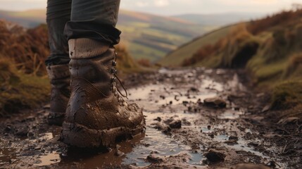 Rugged Boots Treading Through Mud on Hiking Trail generative ai