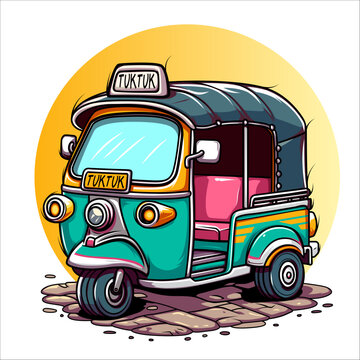cute cartoon thai tuktuk street-art vector  