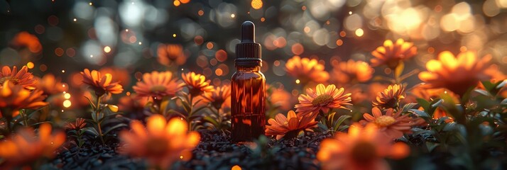 Small Bottle Essential Oil Flowers, with lights, light black and yellow, Background HD, Illustrations - obrazy, fototapety, plakaty
