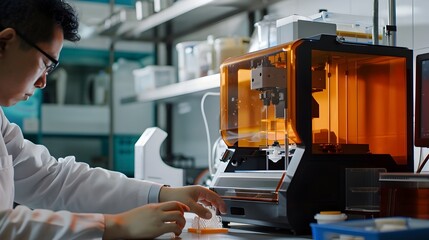 Scientist Working with 3D Printer in Gold and Orange Lab