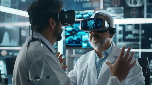 Two Doctors Discussing in Virtual Reality Goggles in a Dystopian Future