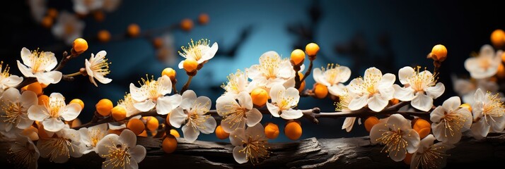 Spring Flowering Branch On Wooden, with lights, light black and yellow, Background HD, Illustrations