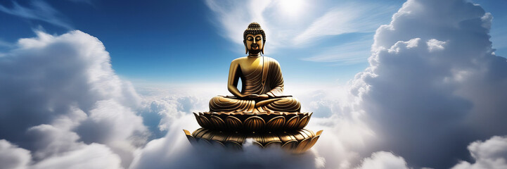 Abstract beautiful Buddha with blue sky and clouds background. Banner copy space. Place for text