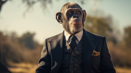 Monkey boss. Chimpanzee in fashionable clothes - obrazy, fototapety, plakaty