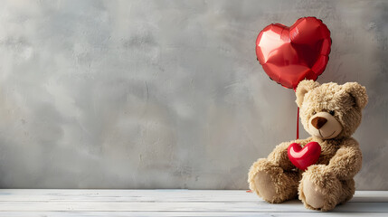 Teddy bear and a heart shaped balloon on light background with copy space