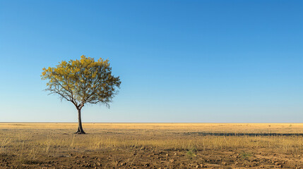 One tree in desert, arid conditions caused by global warming and drought.