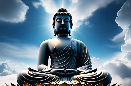 Abstract beautiful Buddha with blue sky and clouds background