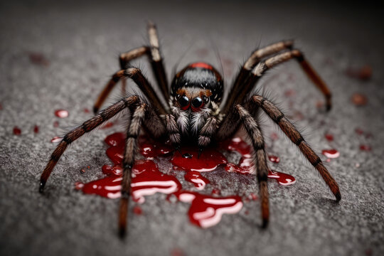 A spider is on a surface with red blood