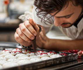 Expert Pastry Chef Decorating Artisanal Desserts With Precision in a Busy Kitchen