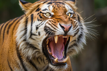 A tiger is shown with its mouth wide open, showing its teeth