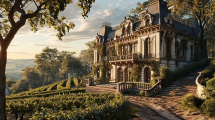 the elegance of a French Chateau nestled in a vineyard, capturing the romance of European-inspired...