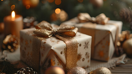 Fototapeta na wymiar Christmas presents with gold bows 