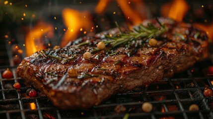 Grilled meat steak on stainless grill depot with flames on dark background. Food and cuisine concept.