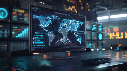 Against the backdrop of a futuristic logistics command center, a computer monitor displays an interactive map of global shipping routes, with cargo containers moving between ports