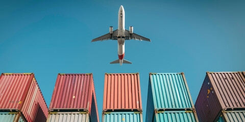 White freight airplane flying above shipping containers on clear blue sky background ,an air plane in front of a large container exsport import