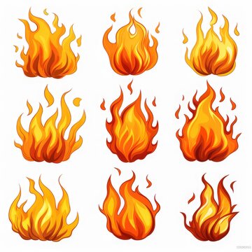 cartoon fire flame.fires image hot flaming, white background, flames set