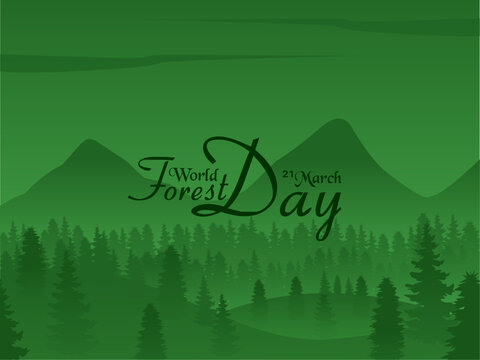 Foggy green forest view landscape between mountains, world forests day vector illustration design - Powered by Adobe