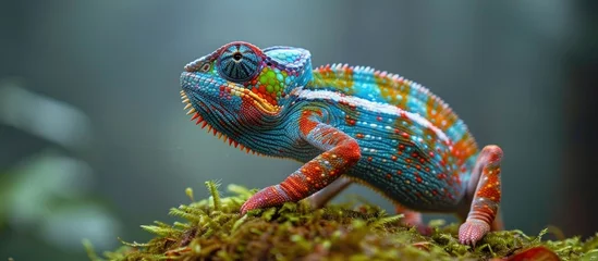  A colorful chameleon perches on a mossy surface, showcasing its multicolored scales in vibrant hues. © FryArt Studio
