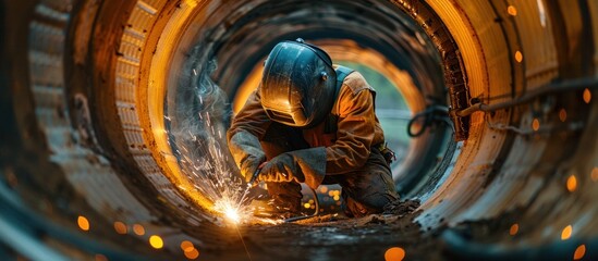 A man wearing a gas mask is welding inside a metal pipe with sparks flying around. - obrazy, fototapety, plakaty