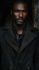 Obraz premium A poised black man wearing a dynamic black coat and shirt.