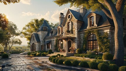 the elegance of a French Provincial house with stone accents, surrounded by a manicured garden - obrazy, fototapety, plakaty