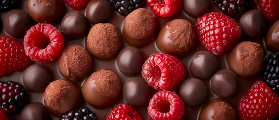 Background of Chocolate Bonbons strawberries, blackberries, raspberries. - obrazy, fototapety, plakaty