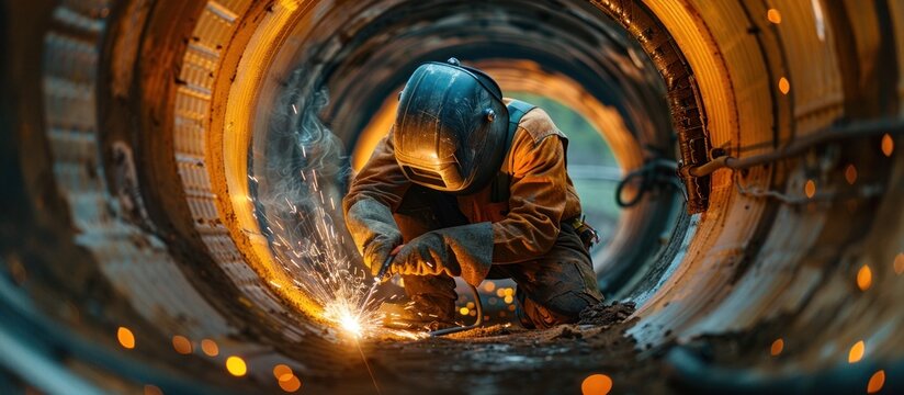 A man wearing a gas mask is welding inside a metal pipe with sparks flying around.
