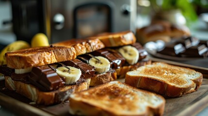 the elegance of a modern toaster preparing slices of brioche bread for an indulgent breakfast of chocolate and banana sandwiches