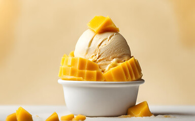 A bowl of mango ice cream with a spoon on a wooden table.

