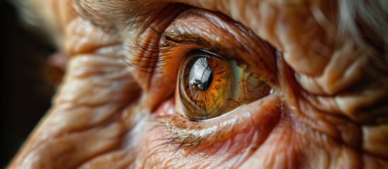 Detailed view of an aging human eye with visible wrinkles and aging characteristics.