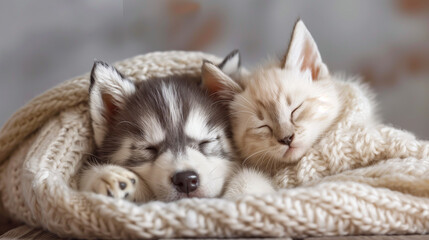 Fototapeta na wymiar A heartfelt moment between a puppy and a kitten enveloped in a soft beige blanket.