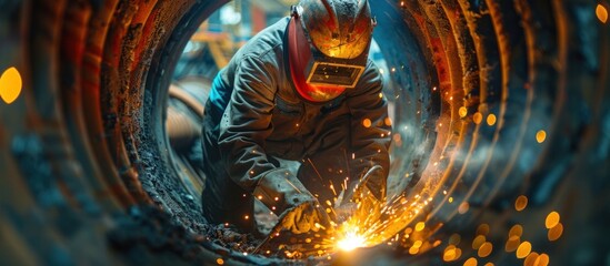 A welder is busy inside a factory, working on a metal pipe. Sparks are flying as they carefully join the pieces together.