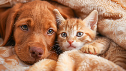 A heartfelt moment between a puppy and a kitten enveloped in a soft beige blanket.