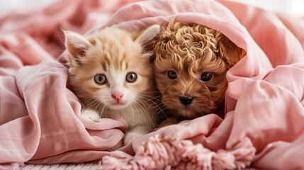 A heartfelt moment between a puppy and a kitten enveloped in a soft beige blanket.