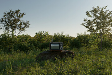 An old tv on stone in the middle of an overgrown grassy landscape. 3D Rendering