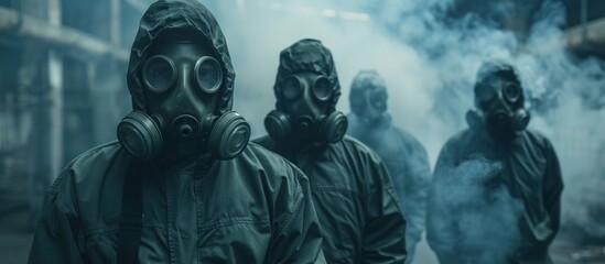 A group of individuals wearing gas masks in an industrial setting.