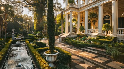 the grandeur of a Colonial Revival mansion with white columns against a backdrop of manicured gardens and fountains
