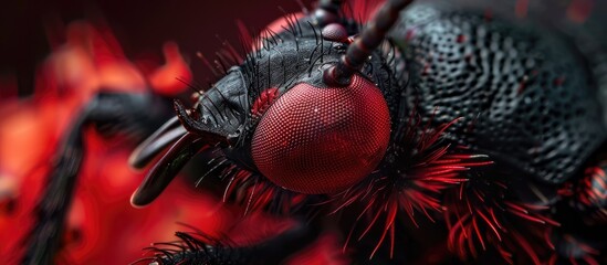 This close-up shot showcases a detailed view of a red and black insect, highlighting its vibrant colors and intricate features. The insect is prominently displayed, allowing viewers to appreciate its