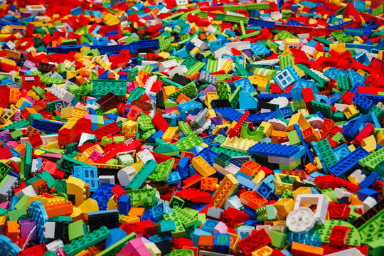 Billund, Denmark - 17 June 2023: Multi-colored plastic Lego Duplo brick background