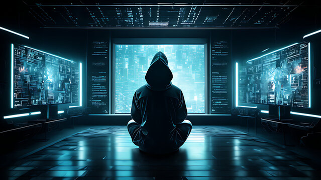 person in a room，Portrait of anonymous robotic hacker，Concept of hacking cybersecurity，cyberattack，cyberattack att，Malware，Ransomware
Data breach，Network security，Cybercrime
Information security，Phish