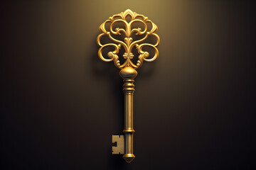 Close-up of a golden key beautifully forged on a dark background,  generated by AI. 3D illustration