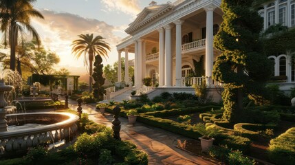 the grandeur of a Colonial Revival mansion with white columns against a backdrop of manicured gardens and fountains - obrazy, fototapety, plakaty