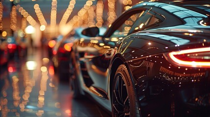 Close up sports cars in the showroom on bokeh background, light reflection. supercars.