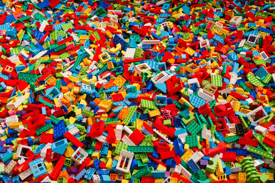 Billund, Denmark - 17 June 2023: Multi-colored plastic Lego Duplo brick background