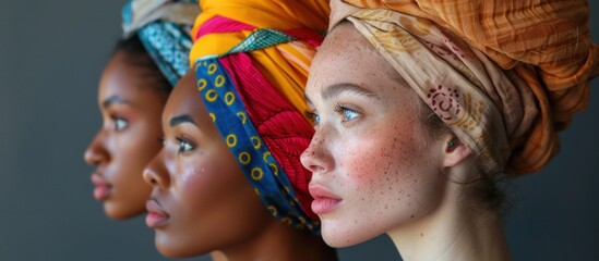 A group of mannequins displayed with a variety of colored headscarves, showcasing diversity in fashion and style choices. - obrazy, fototapety, plakaty